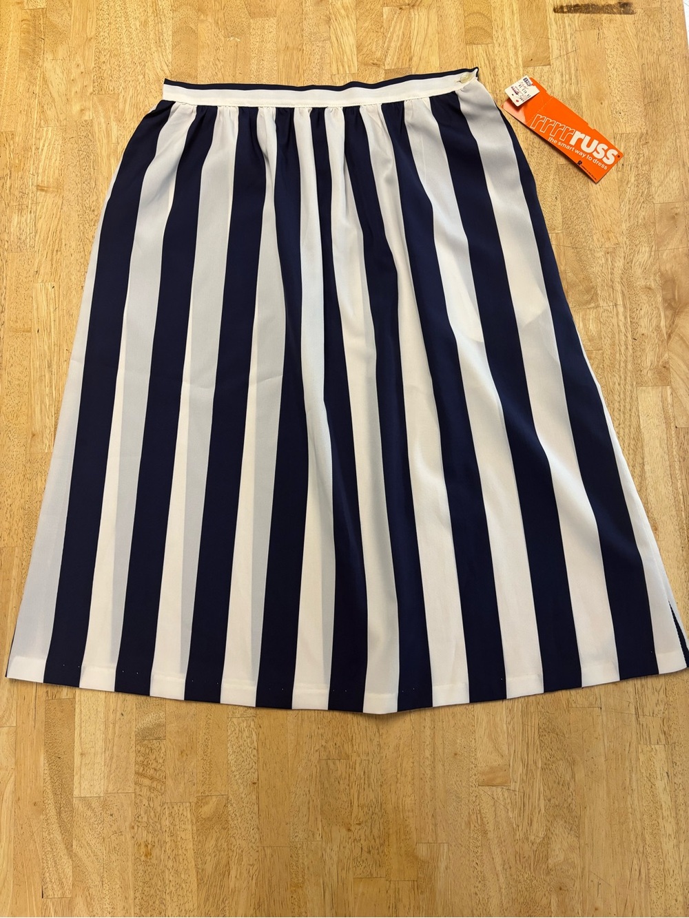 NWT Vintage Deadstock Russ Navy and White Vertical Stripe Satin Midi Skirt